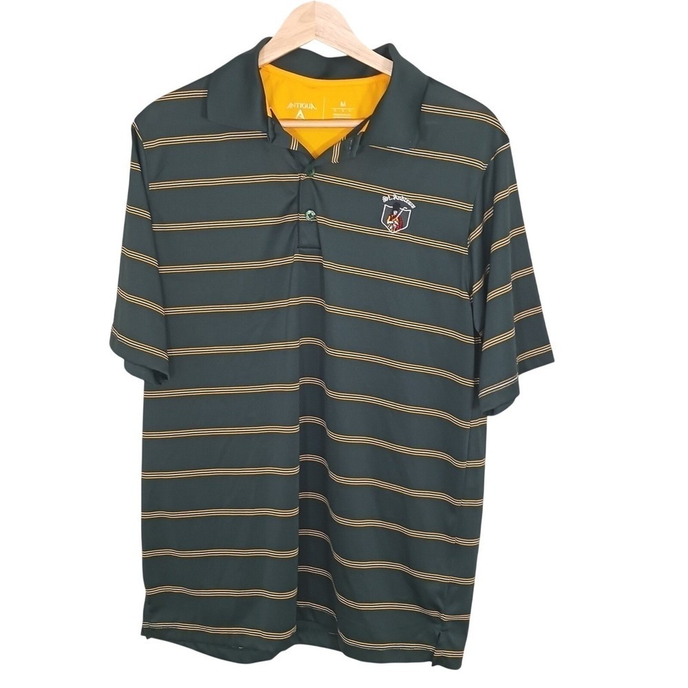St Andrews Golf Antigua Performance Polo M Green Striped Embroidered Crest